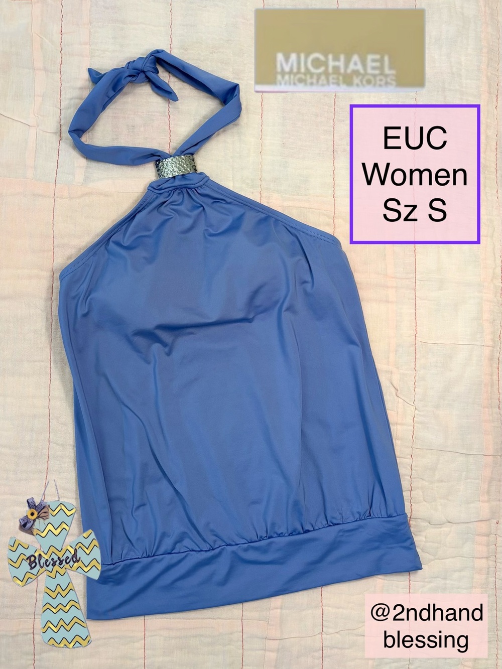 EUC Michael Kors Women’s Halter Tankini Swim Top, Sz Small, Periwinkle/Purple